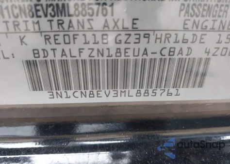 2021 Nissan Versa Sv Xtronic Cvt из США, поврежденный, VIN 3N1CN8EV3ML885761